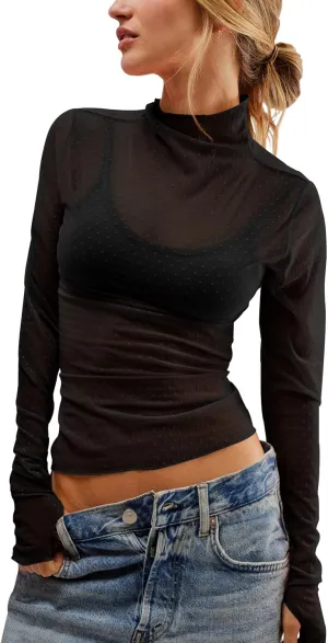 Womens Mesh Sheer Lace Laying Top Mock Neck Long Sleeve Polka Dot See Through Shirt Blouses Tops
