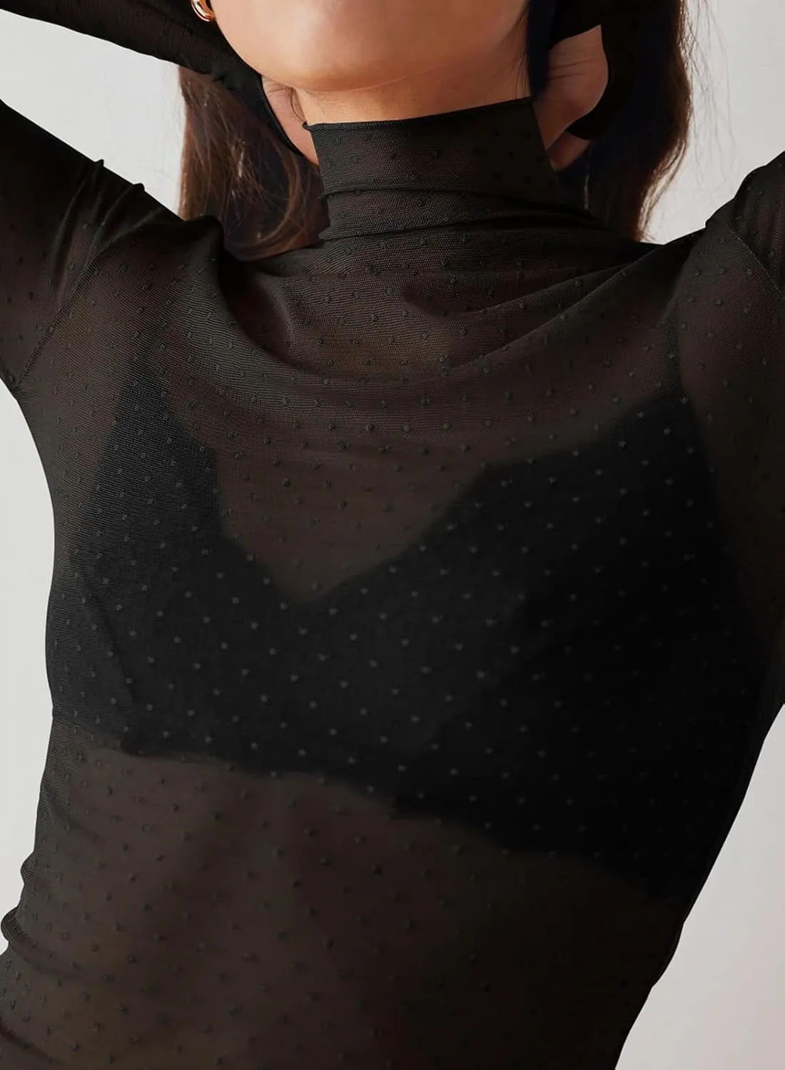 Womens Mesh Sheer Lace Laying Top Mock Neck Long Sleeve Polka Dot See Through Shirt Blouses Tops