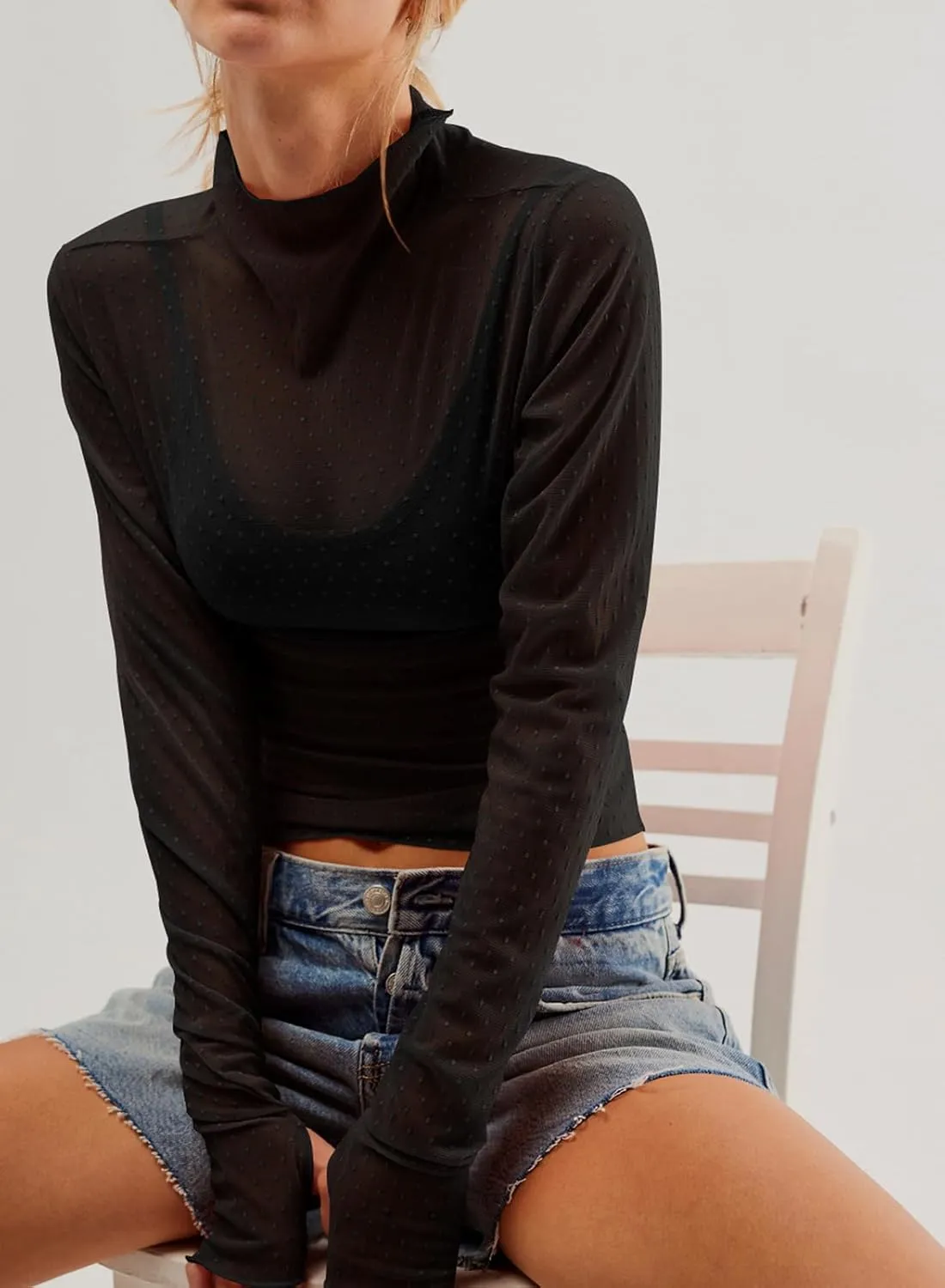 Womens Mesh Sheer Lace Laying Top Mock Neck Long Sleeve Polka Dot See Through Shirt Blouses Tops