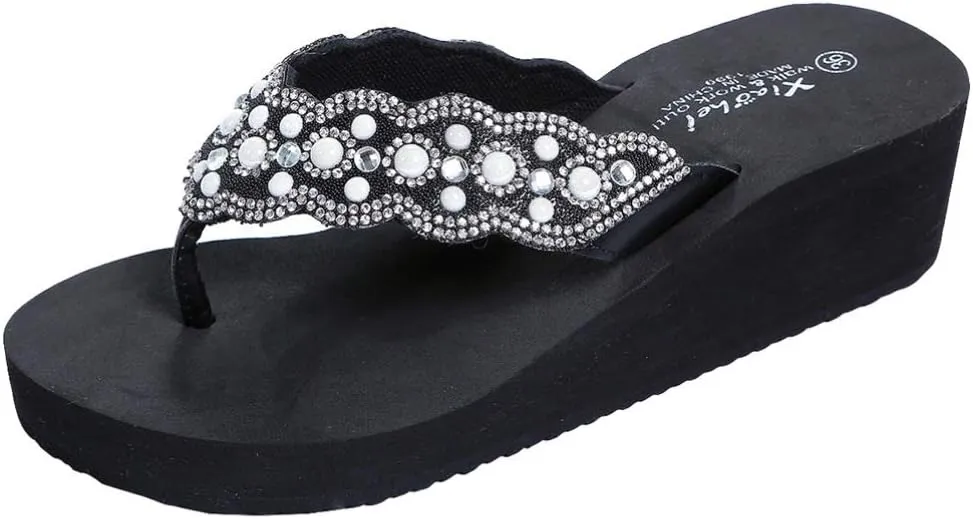 Womens Open Toe Shining Wedge Sandal Slip-On Flip Flop Beach Travel Indoor Outdoor Slipper
