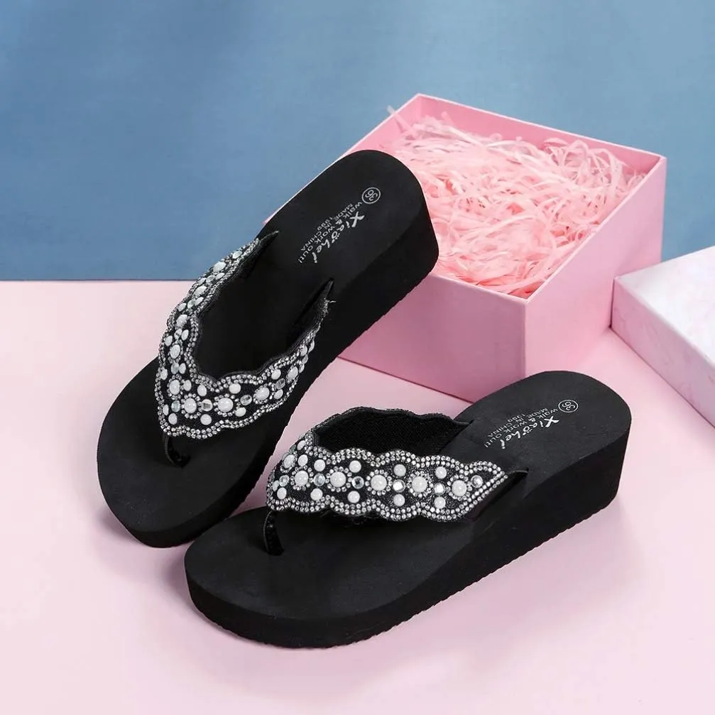 Womens Open Toe Shining Wedge Sandal Slip-On Flip Flop Beach Travel Indoor Outdoor Slipper