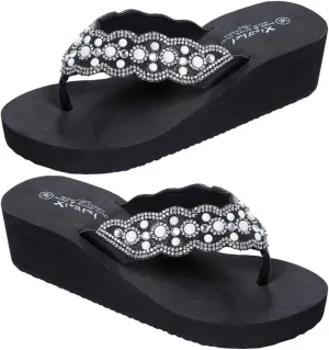 Womens Open Toe Shining Wedge Sandal Slip-On Flip Flop Beach Travel Indoor Outdoor Slipper