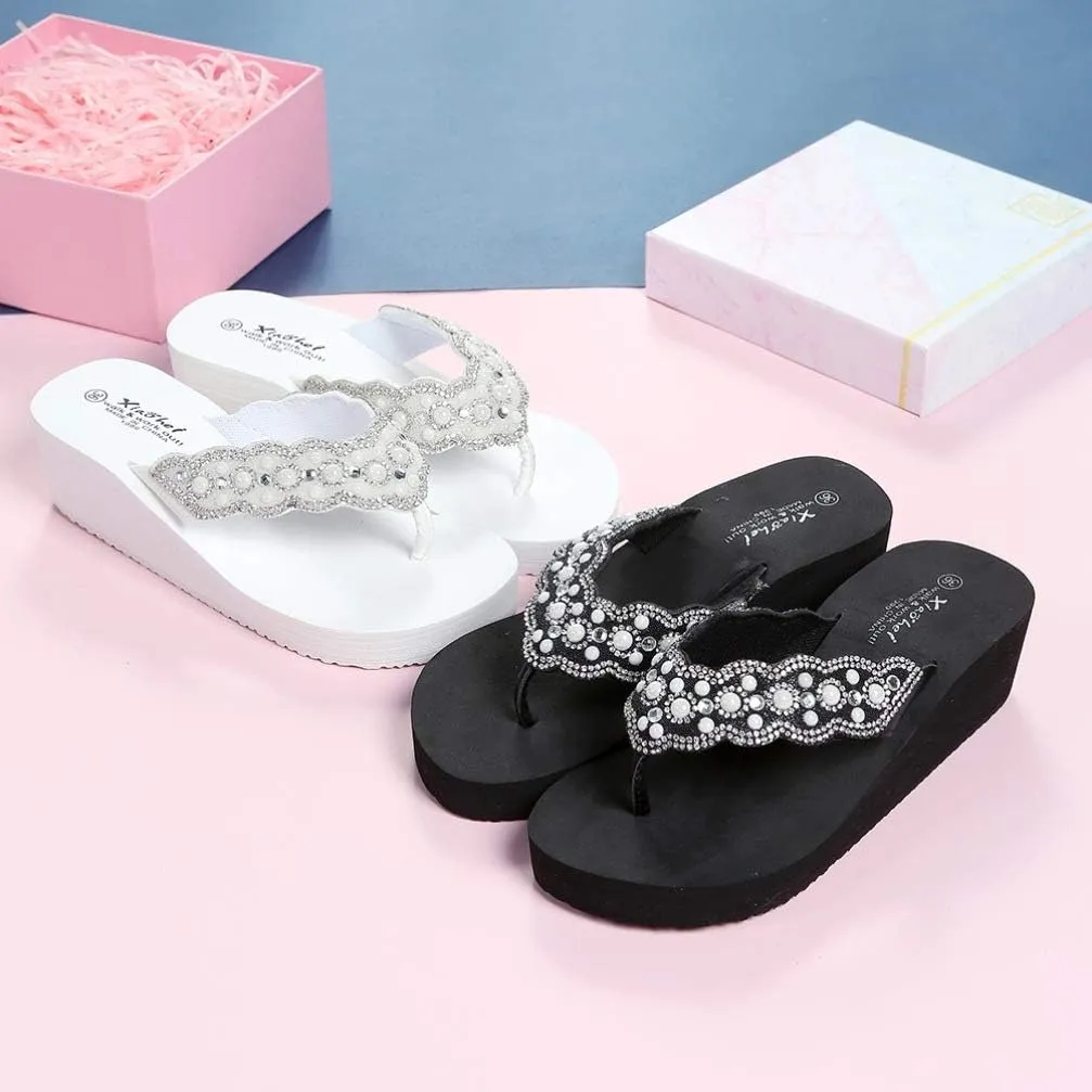 Womens Open Toe Shining Wedge Sandal Slip-On Flip Flop Beach Travel Indoor Outdoor Slipper