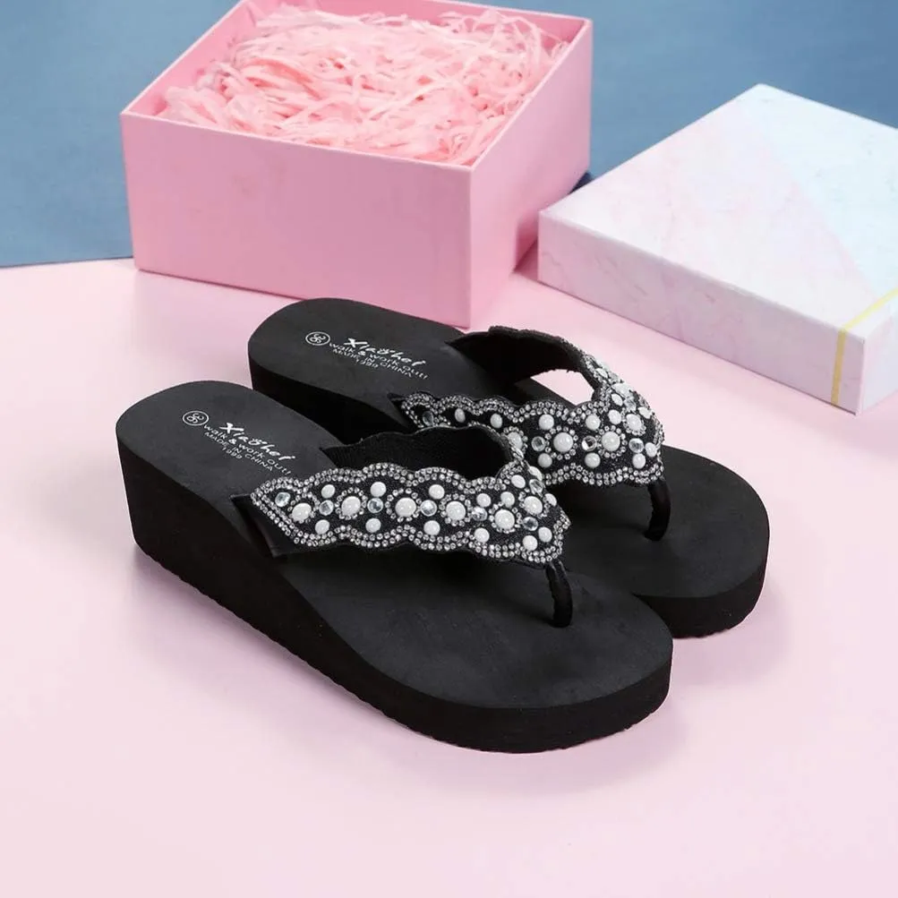 Womens Open Toe Shining Wedge Sandal Slip-On Flip Flop Beach Travel Indoor Outdoor Slipper