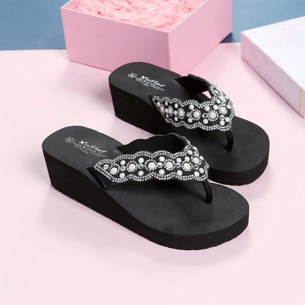 Womens Open Toe Shining Wedge Sandal Slip-On Flip Flop Beach Travel Indoor Outdoor Slipper