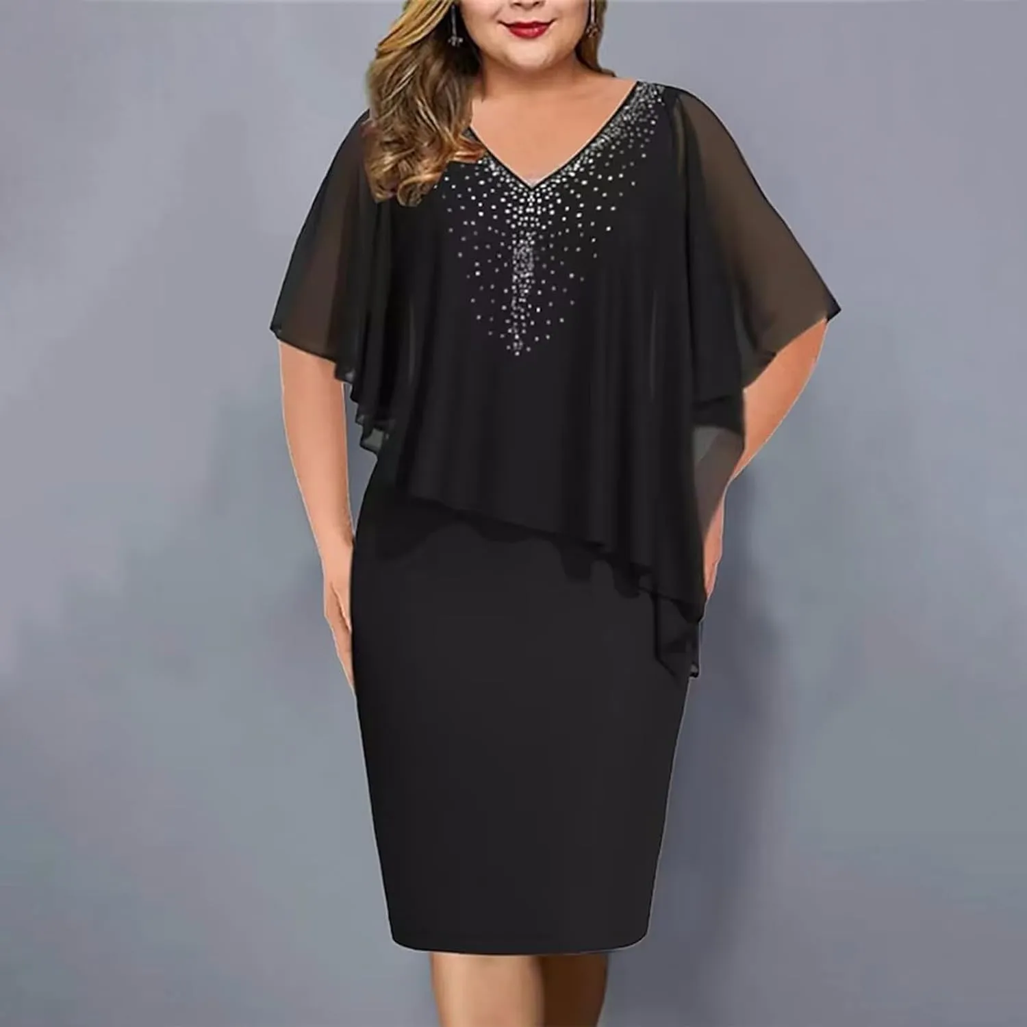 Womens Plus Size Chiffon Dress Glitter Shawl Sleeveless V-Neck Dresses Bodycon Elegant Formal Party Dress