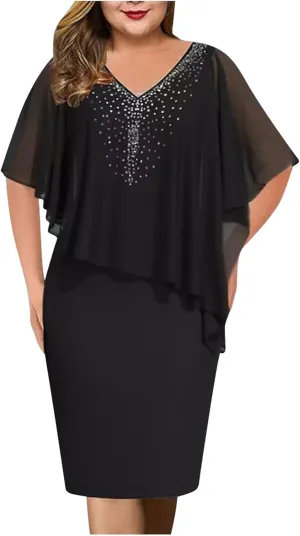 Womens Plus Size Chiffon Dress Glitter Shawl Sleeveless V-Neck Dresses Bodycon Elegant Formal Party Dress