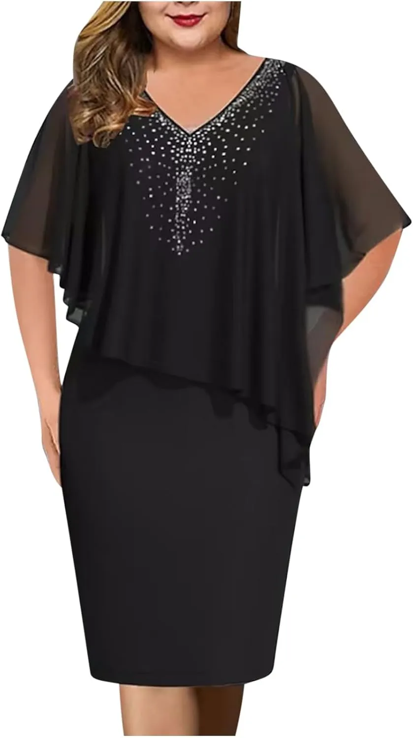 Womens Plus Size Chiffon Dress Glitter Shawl Sleeveless V-Neck Dresses Bodycon Elegant Formal Party Dress