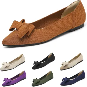 Women's Pointed Toe Knit Bow Ballet Flat Comfortable Breathable Mesh Slip On Work Office Dress Shoes Lightweight Non-Slip Mam Nurse Walking Shoes