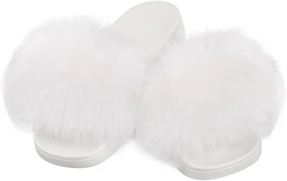 Women's Real Fox Fur Slides For Women Open Toe Cute Fur Slippers Flat Shoes Indoor or Outdoor Girls Comfort Fur Slide Sandals With Fluffy Fur