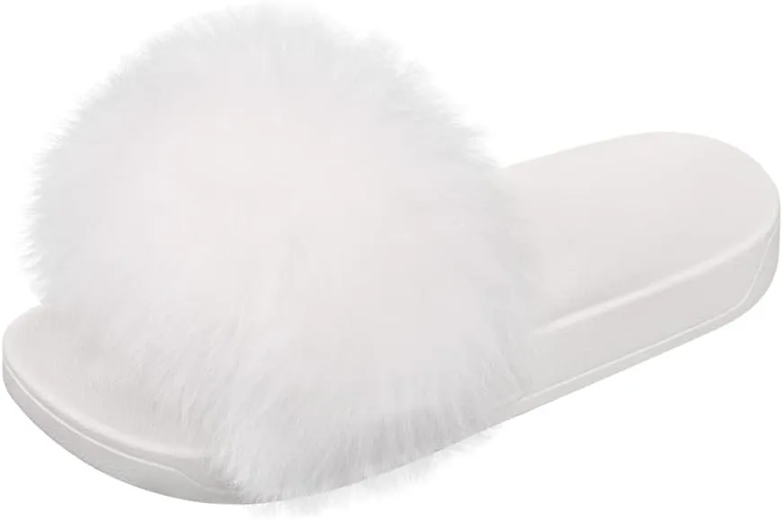 Women's Real Fox Fur Slides For Women Open Toe Cute Fur Slippers Flat Shoes Indoor or Outdoor Girls Comfort Fur Slide Sandals With Fluffy Fur