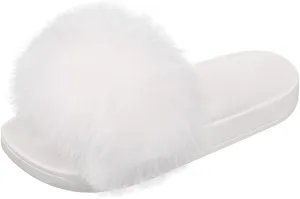 Women's Real Fox Fur Slides For Women Open Toe Cute Fur Slippers Flat Shoes Indoor or Outdoor Girls Comfort Fur Slide Sandals With Fluffy Fur