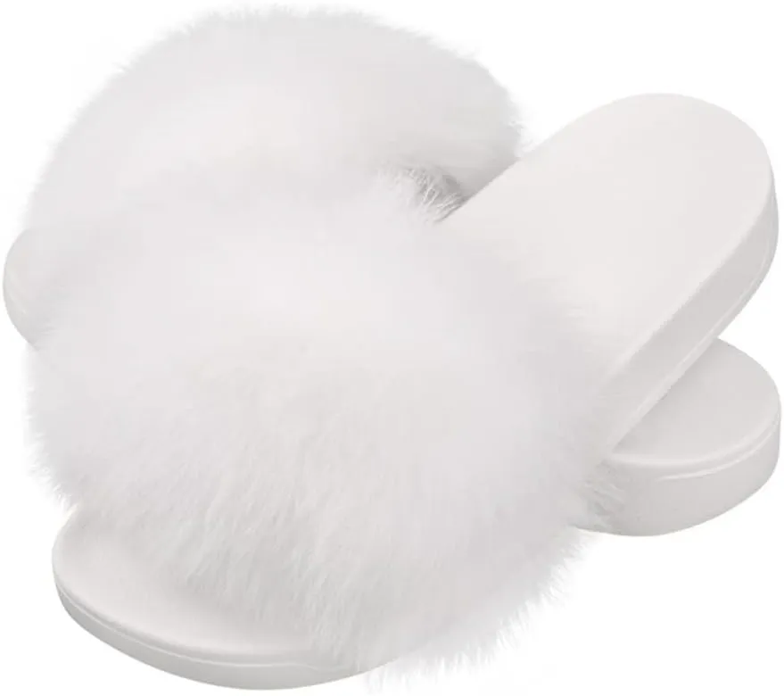 Women's Real Fox Fur Slides For Women Open Toe Cute Fur Slippers Flat Shoes Indoor or Outdoor Girls Comfort Fur Slide Sandals With Fluffy Fur