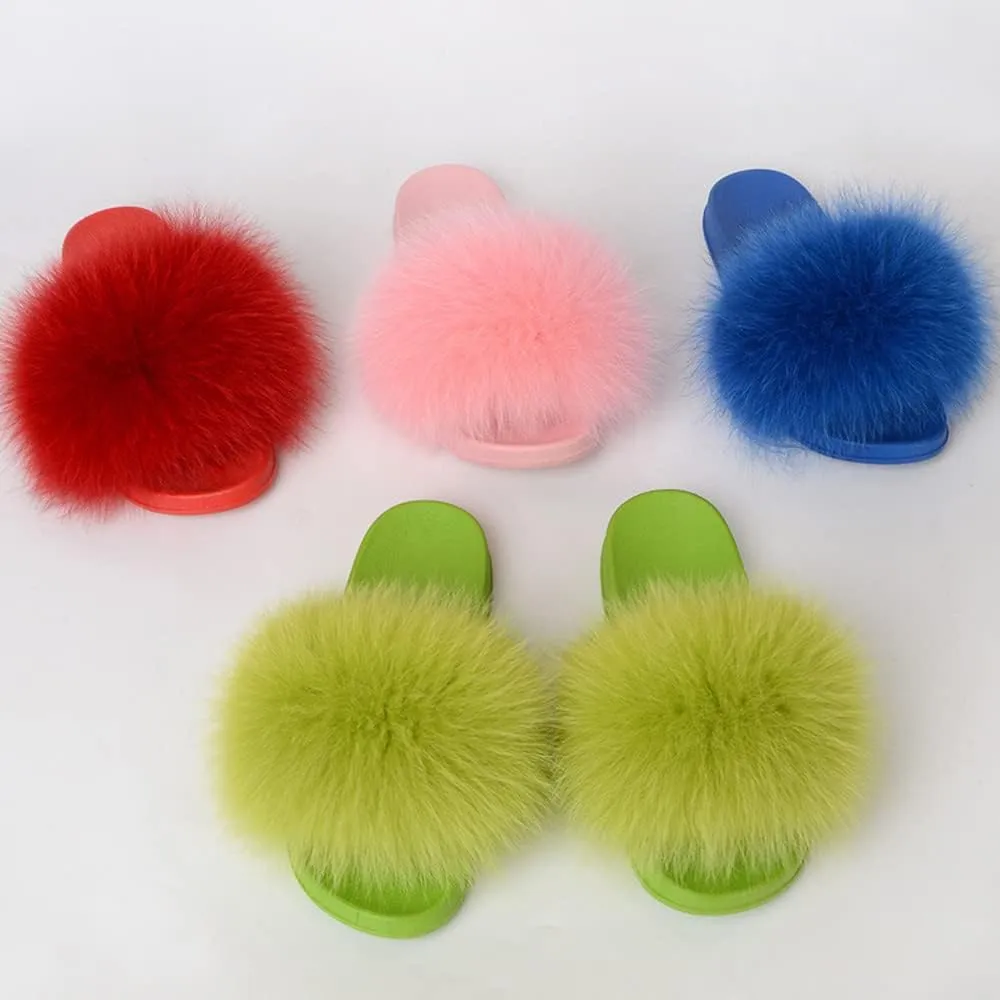 Women's Real Fox Fur Slides For Women Open Toe Cute Fur Slippers Flat Shoes Indoor or Outdoor Girls Comfort Fur Slide Sandals With Fluffy Fur