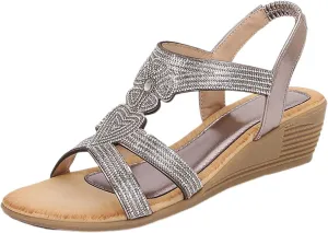 Womens Sandal Bohemia Glitter Love Pattern Flats Open Toe Ankle Strap Beach Sandal Comfortable Summer Dress Shoes