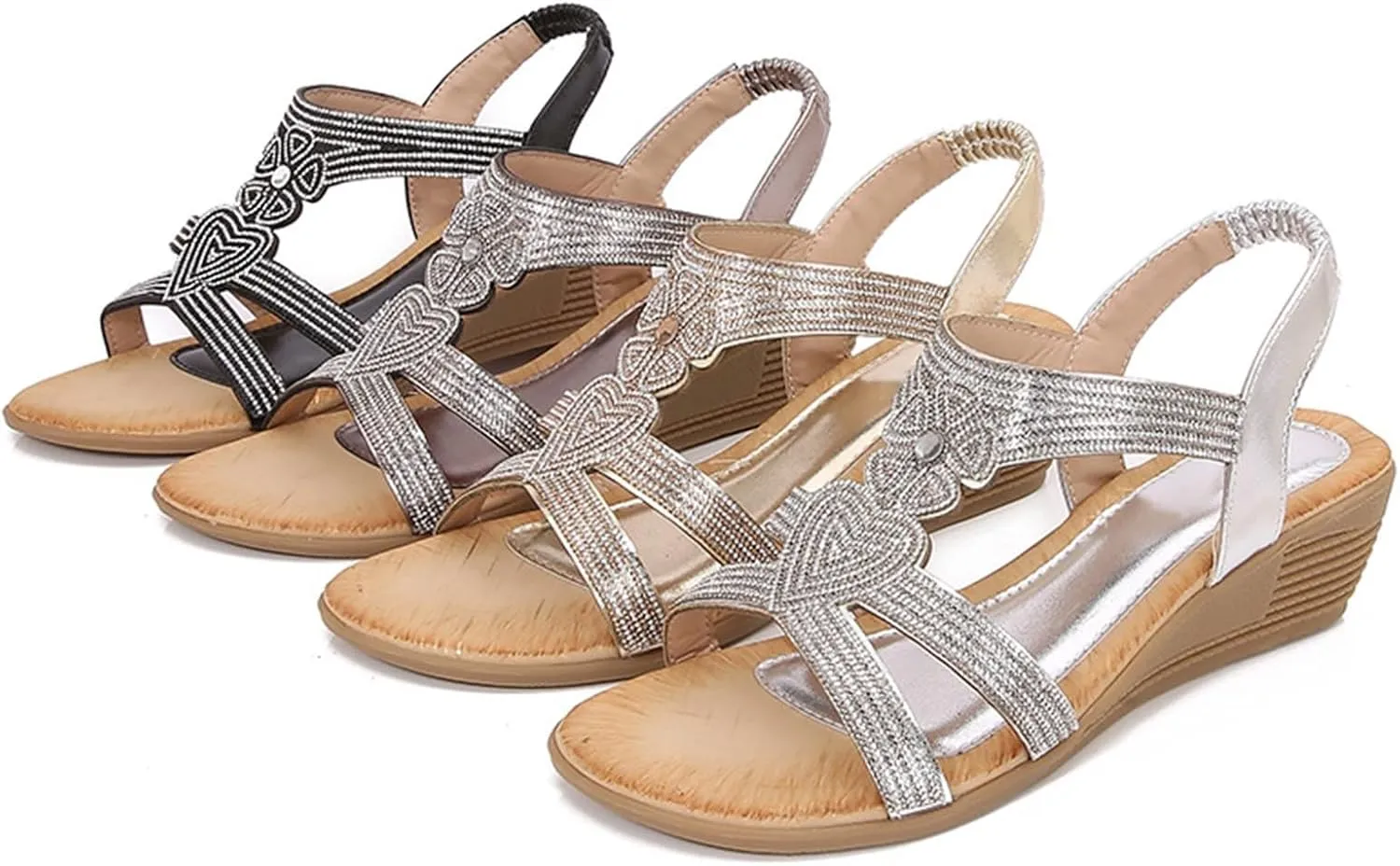 Womens Sandal Bohemia Glitter Love Pattern Flats Open Toe Ankle Strap Beach Sandal Comfortable Summer Dress Shoes