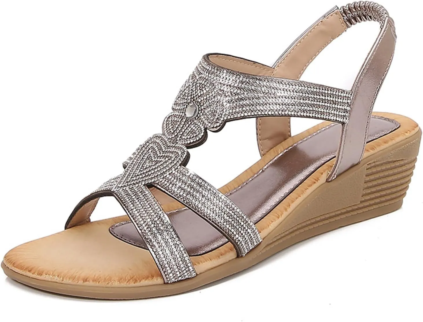 Womens Sandal Bohemia Glitter Love Pattern Flats Open Toe Ankle Strap Beach Sandal Comfortable Summer Dress Shoes