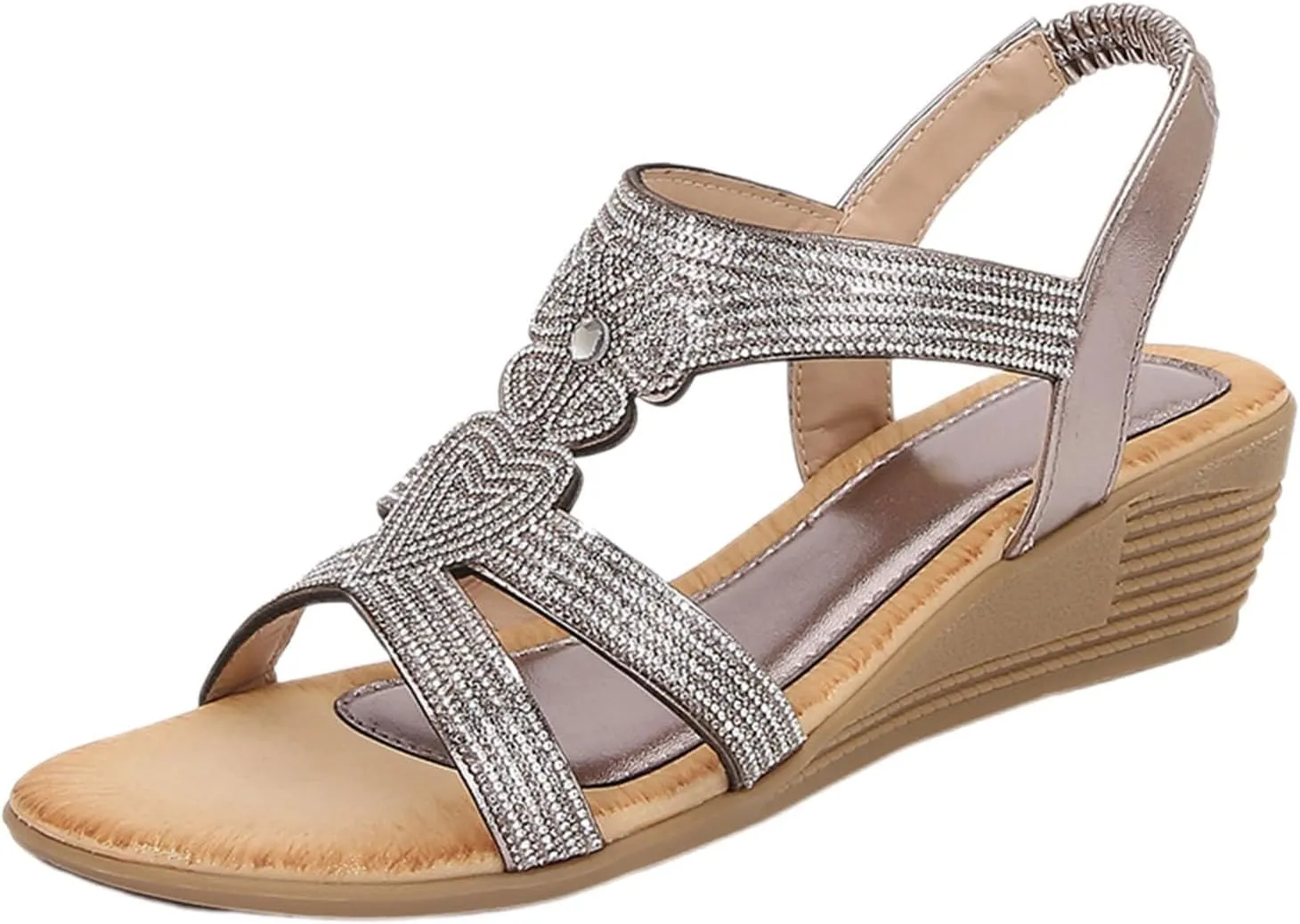 Womens Sandal Bohemia Glitter Love Pattern Flats Open Toe Ankle Strap Beach Sandal Comfortable Summer Dress Shoes