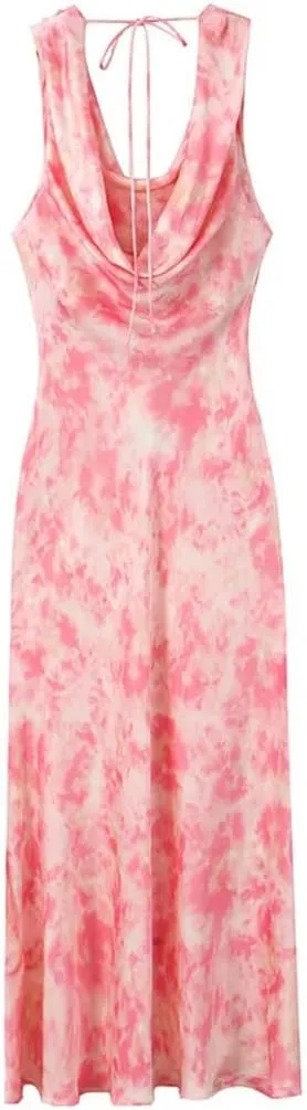 Women’S Satin Tie Dyed Print Dress V-Neck Open Back Swinging Neck Ankle-Length Dresses