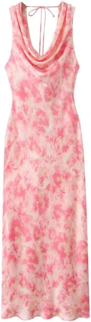 Women’S Satin Tie Dyed Print Dress V-Neck Open Back Swinging Neck Ankle-Length Dresses