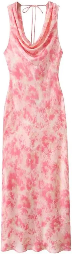 Women’S Satin Tie Dyed Print Dress V-Neck Open Back Swinging Neck Ankle-Length Dresses