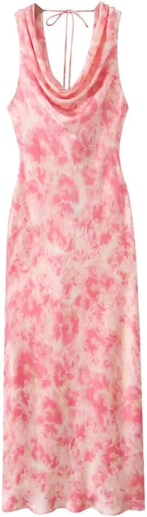 Women’S Satin Tie Dyed Print Dress V-Neck Open Back Swinging Neck Ankle-Length Dresses