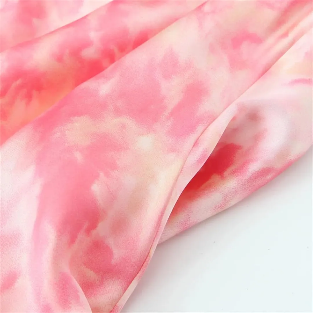 Women’S Satin Tie Dyed Print Dress V-Neck Open Back Swinging Neck Ankle-Length Dresses