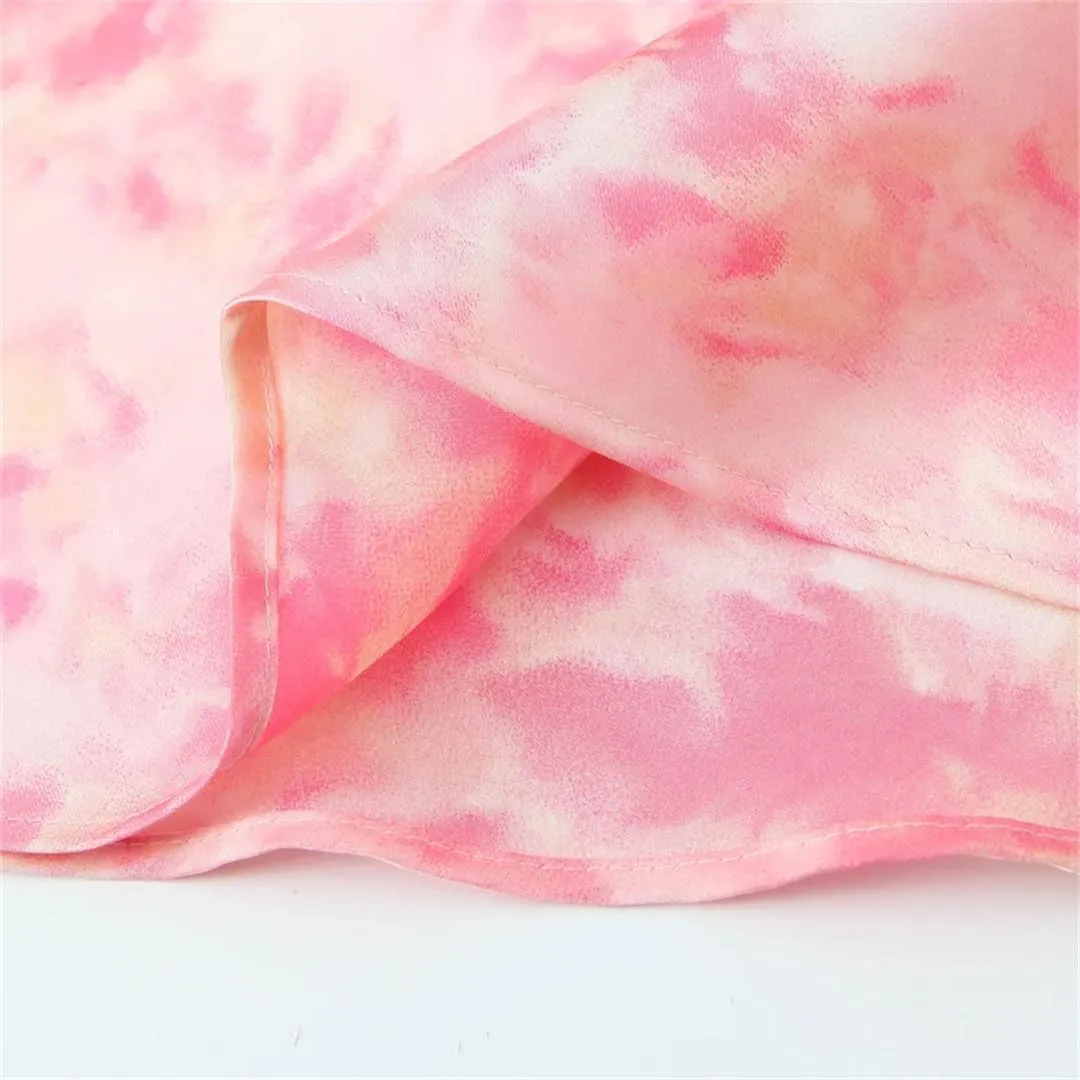 Women’S Satin Tie Dyed Print Dress V-Neck Open Back Swinging Neck Ankle-Length Dresses