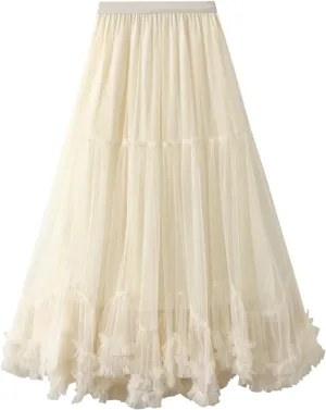 Women’S Solid Mesh Tulle Long Skirts Elastic High Waist Ruffle Hem Fluffy A-Line Midi Skirts