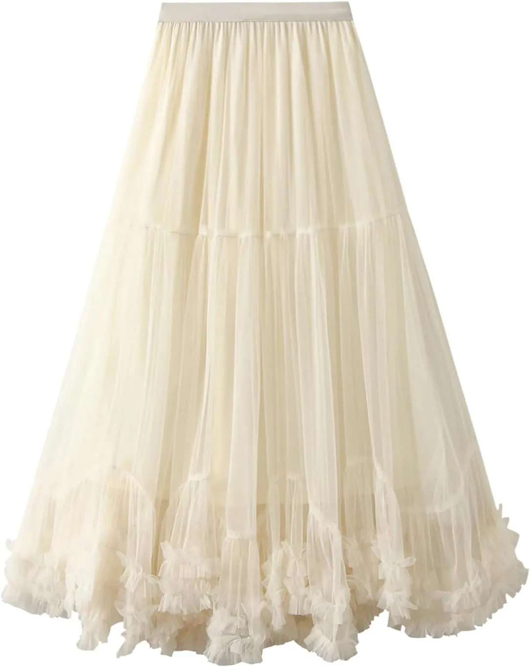 Women’S Solid Mesh Tulle Long Skirts Elastic High Waist Ruffle Hem Fluffy A-Line Midi Skirts