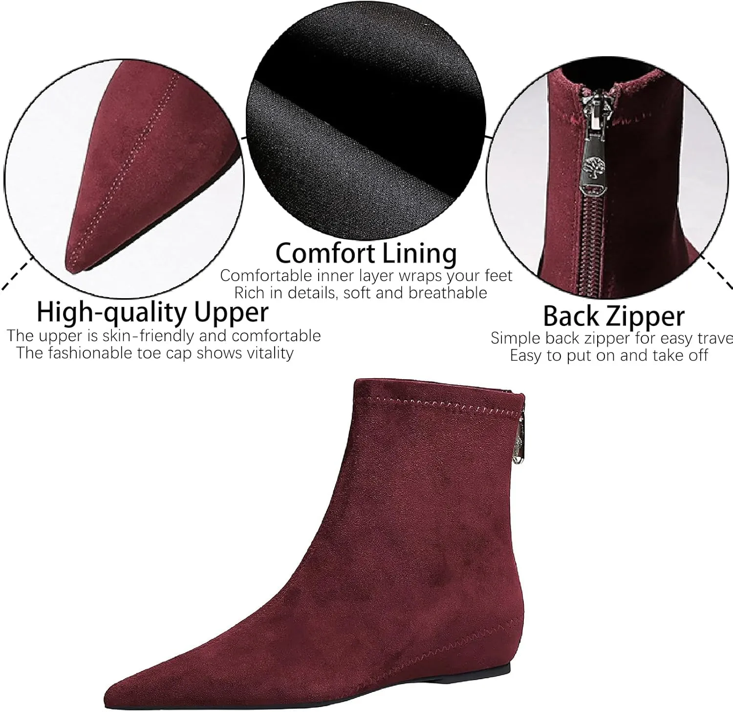 Women's Suede Flat Ankle Boots with Back Zipper Retro Comfortable Pointed Toe Internal Height Increase Wedge Short Bootie Fall Winter Daily Casual Dress Boots