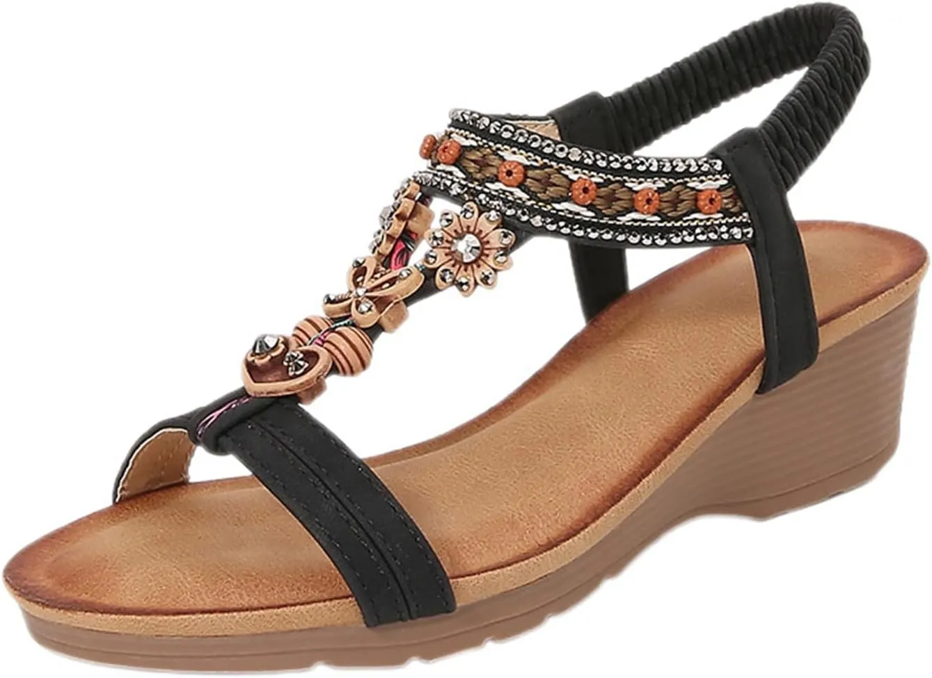 Womens Wedge Sandals Bohemia Flower Low Heel Dress Sandals Elastic Ankle Strap Summer Open Toe Comfortable Shoes