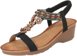 Womens Wedge Sandals Bohemia Flower Low Heel Dress Sandals Elastic Ankle Strap Summer Open Toe Comfortable Shoes