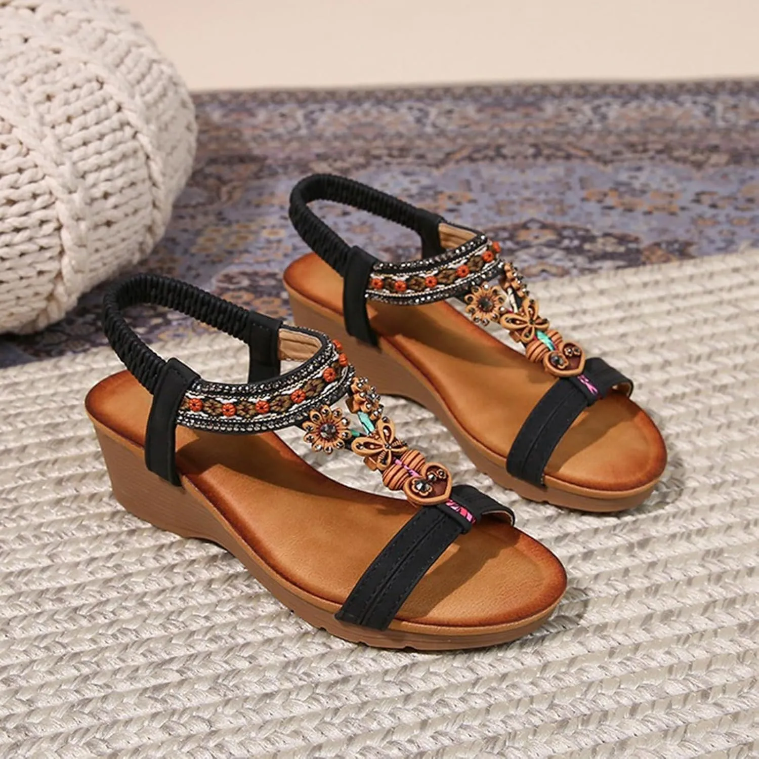 Womens Wedge Sandals Bohemia Flower Low Heel Dress Sandals Elastic Ankle Strap Summer Open Toe Comfortable Shoes