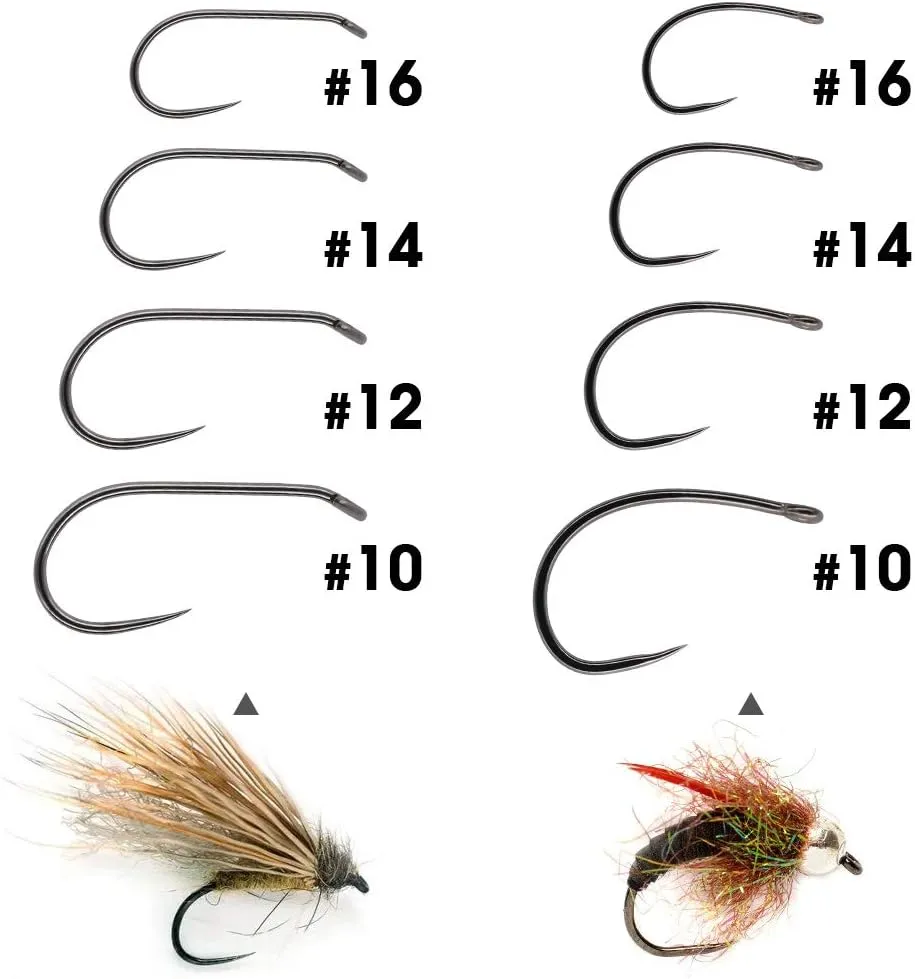 XFISHMAN Fly-Hooks-for-Fly-Tying-Dry-Wet-Barbless-BL-Nymph-Flies Curved Czech Scud Fishing Hooks 10# ~16# Assortment Pack of 100-240 Hooks with Box