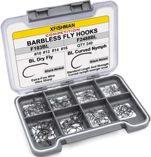 XFISHMAN Fly-Hooks-for-Fly-Tying-Dry-Wet-Barbless-BL-Nymph-Flies Curved Czech Scud Fishing Hooks 10# ~16# Assortment Pack of 100-240 Hooks with Box