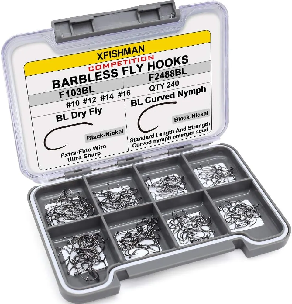 XFISHMAN Fly-Hooks-for-Fly-Tying-Dry-Wet-Barbless-BL-Nymph-Flies Curved Czech Scud Fishing Hooks 10# ~16# Assortment Pack of 100-240 Hooks with Box