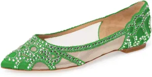 XYD Women Elegant Pointed Toe Rhinestone Flats Mesh Slip-on Crystals Wedding Bride Ballet Shoes