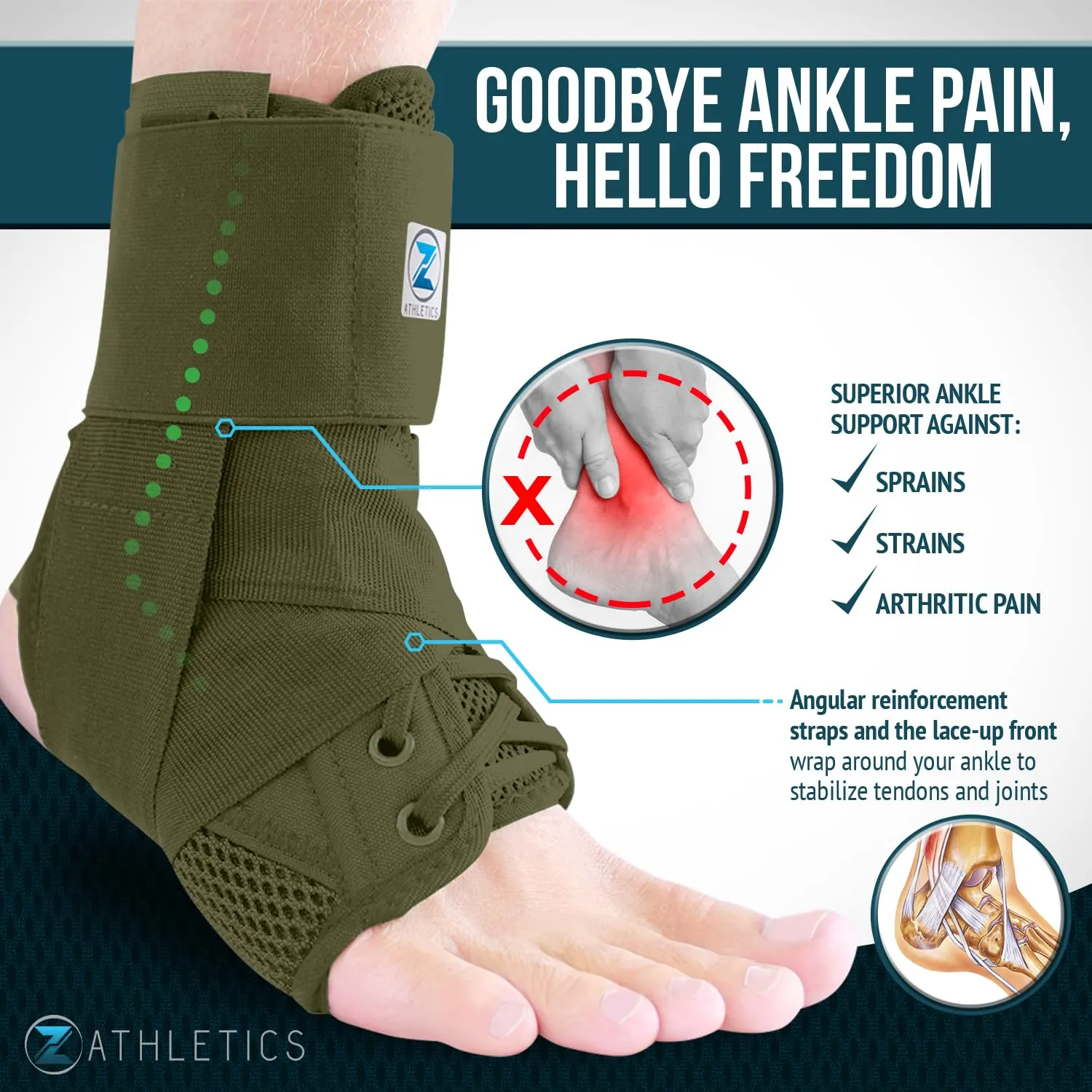 Z ATHLETICS Zenith Ankle Brace, Lace Up Adjustable Support – for Running, Basketball, Injury Recovery, Sprain! Ankle Support for Men, Women, and Children