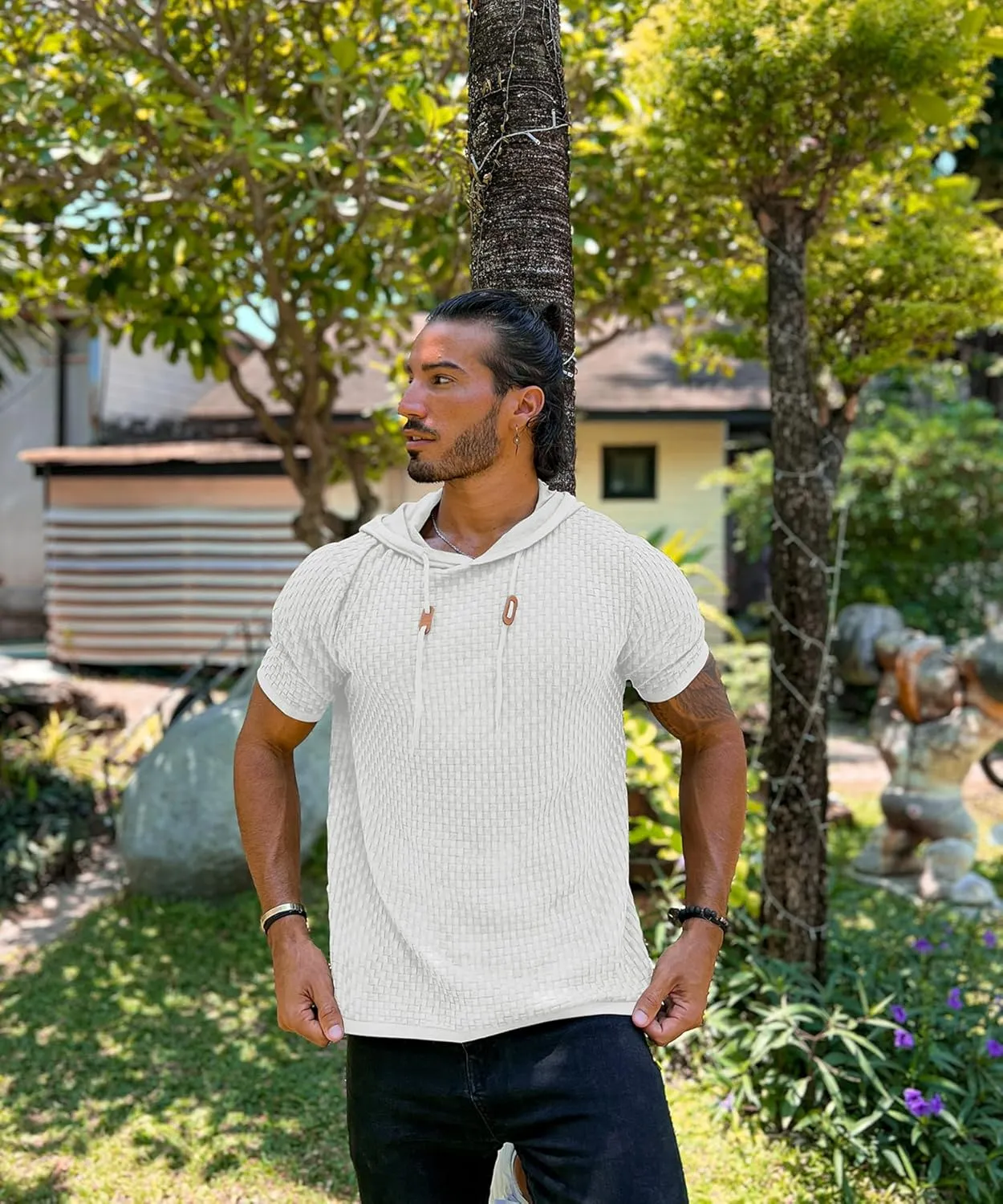 Zaitun Men's Short Sleeve Hoodie Shirt Casual Waffle Knitted Pullover Sweater