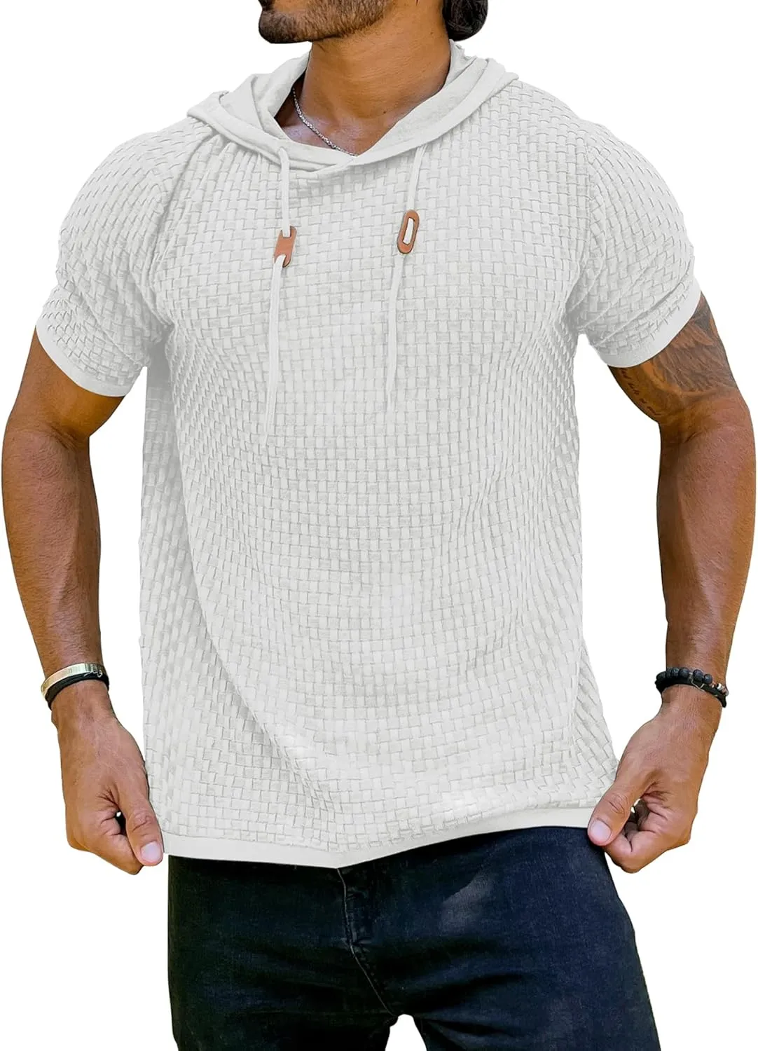 Zaitun Men's Short Sleeve Hoodie Shirt Casual Waffle Knitted Pullover Sweater