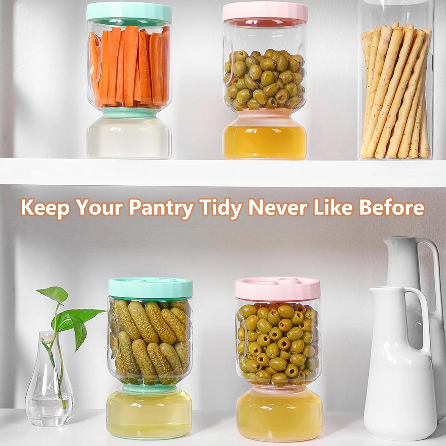 ZENS Glass Pickle Jar with Strainer Flip, 2 Pack Pickle Container Olive Hourglass Jars, Airtight Pickle Juice Separator from Wet and Dry, Pickles Storage Jar 51oz