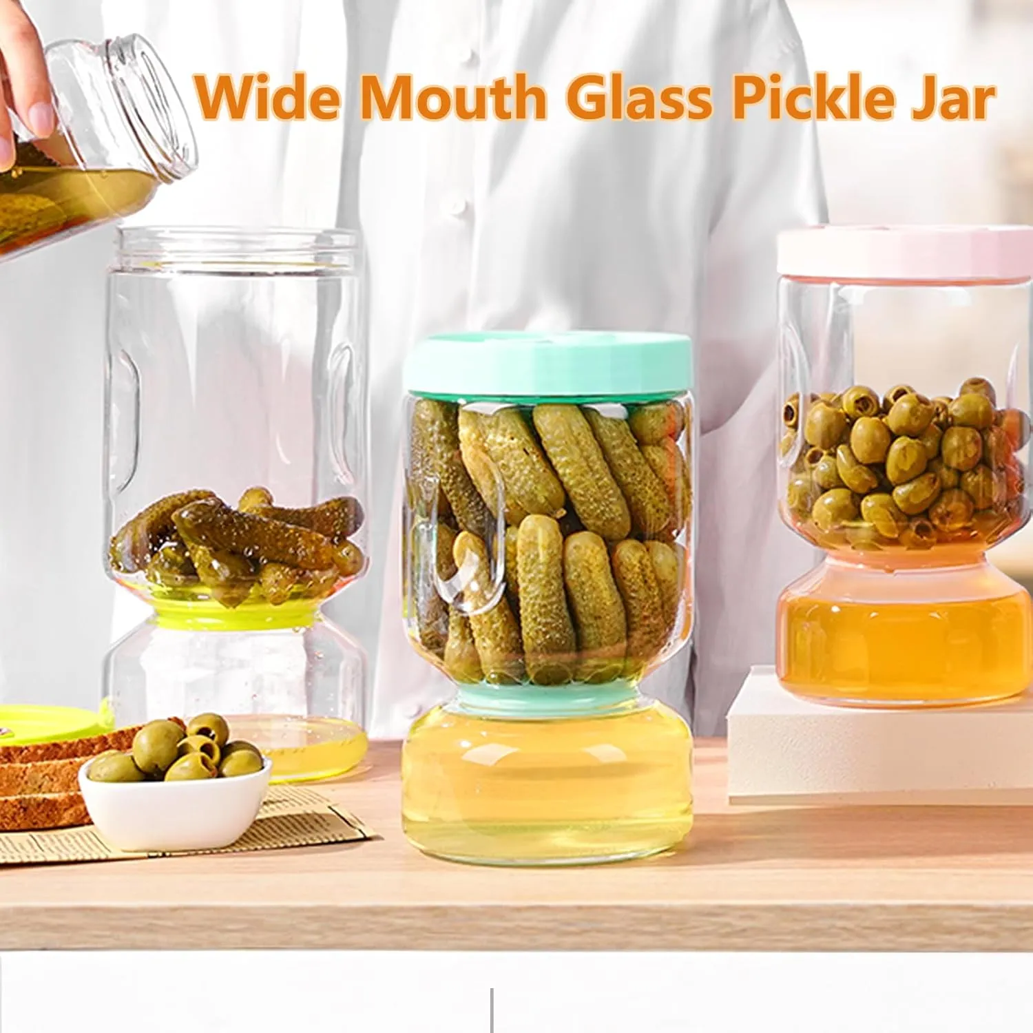 ZENS Glass Pickle Jar with Strainer Flip, 2 Pack Pickle Container Olive Hourglass Jars, Airtight Pickle Juice Separator from Wet and Dry, Pickles Storage Jar 51oz
