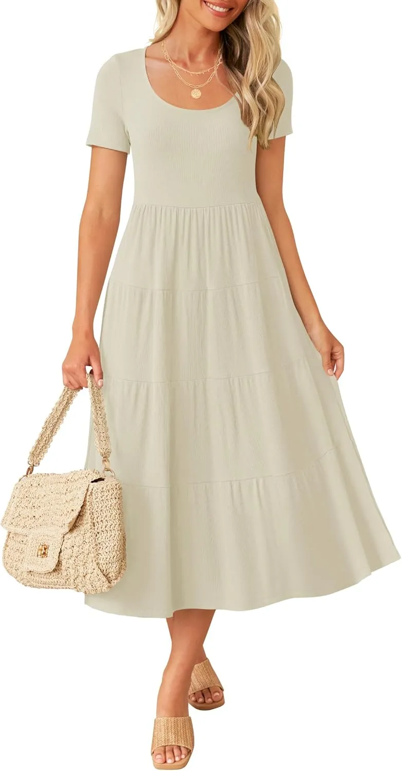 ZESICA Women's Summer Casual T Shirt Dress Short Sleeve Scoop Neck Flowy Tiered Beach Midi Dresses with Pockets