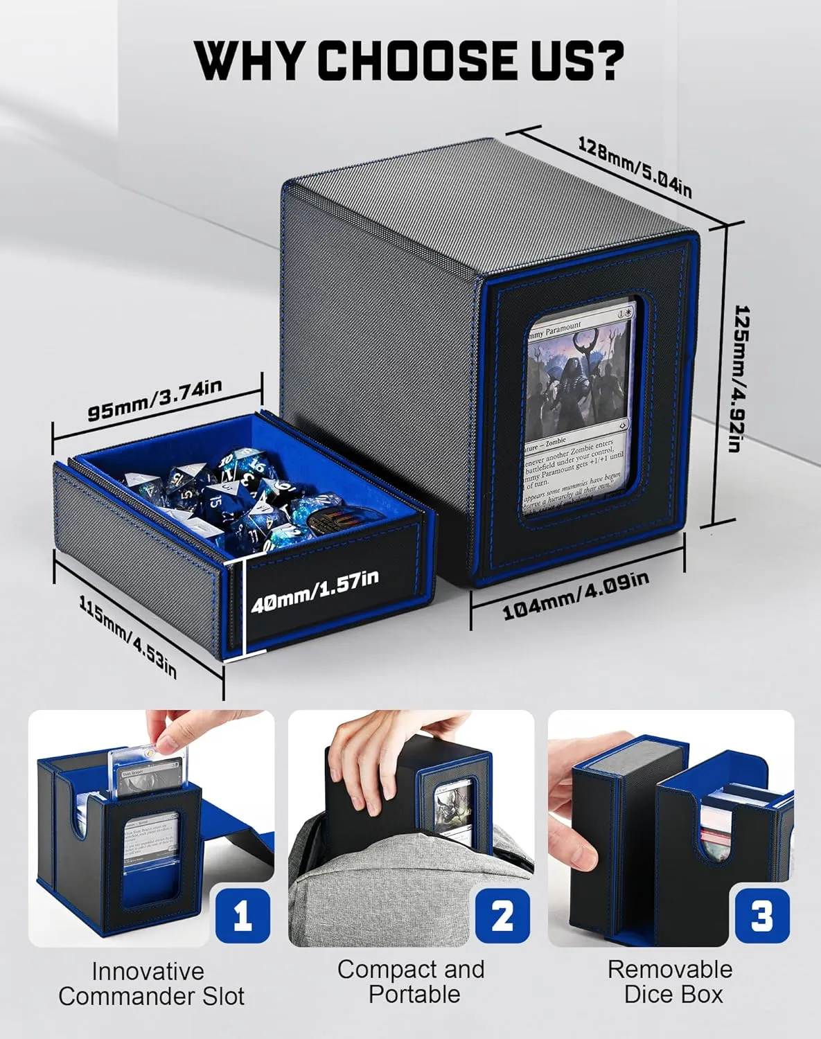 ZLCA MTG Commander Deck Box with Display Window,Deck Box Holds 100 Double-Sleeved with Dice Tray & 35pt Magnetic Card Holder（Black& Blue）