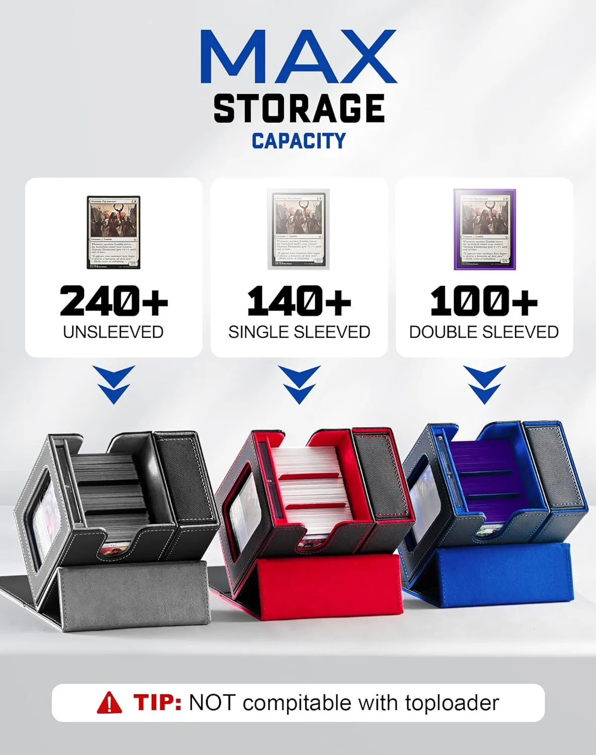 ZLCA MTG Commander Deck Box with Display Window,Deck Box Holds 100 Double-Sleeved with Dice Tray & 35pt Magnetic Card Holder（Black& Blue）