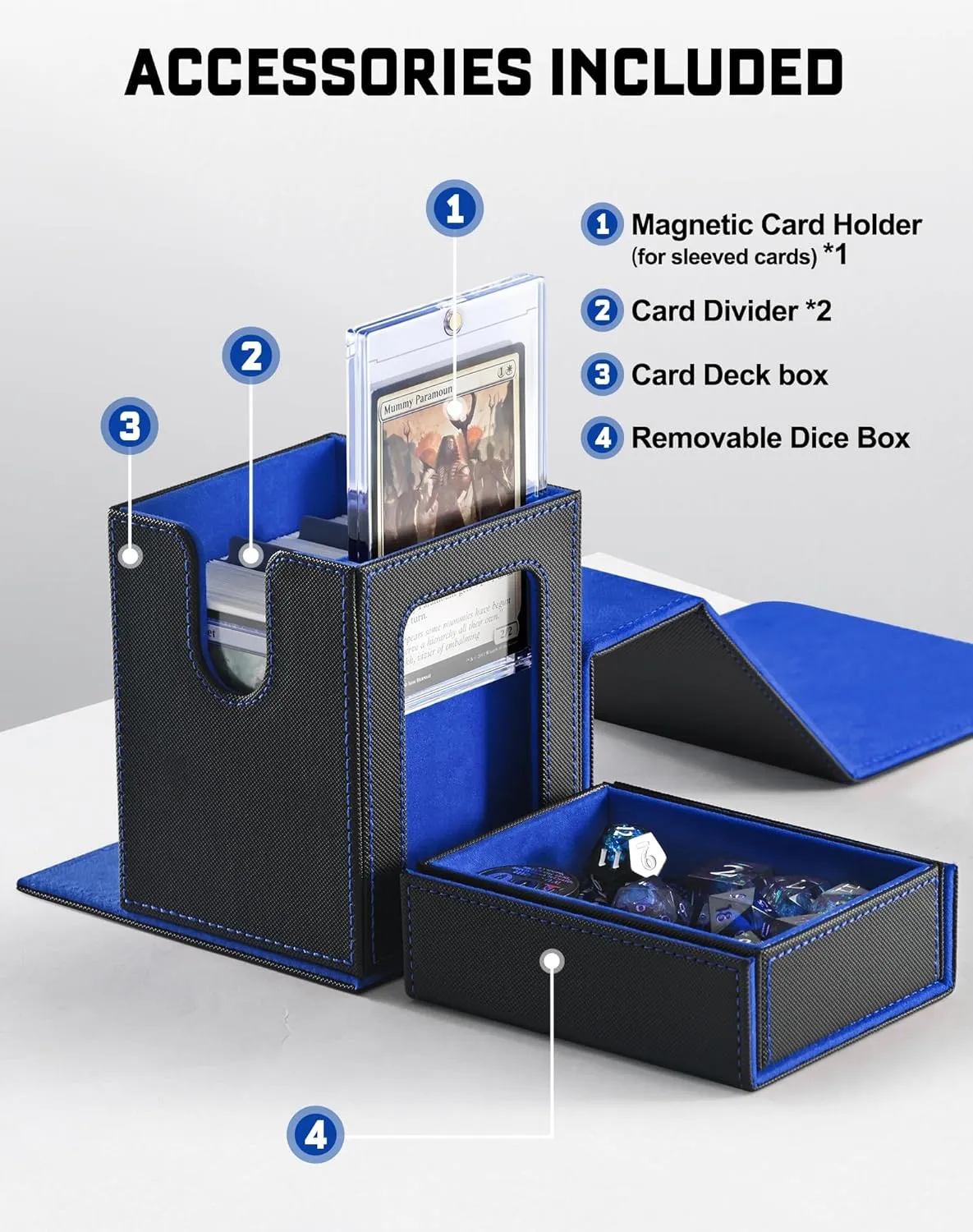ZLCA MTG Commander Deck Box with Display Window,Deck Box Holds 100 Double-Sleeved with Dice Tray & 35pt Magnetic Card Holder（Black& Blue）