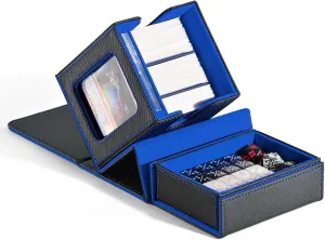 ZLCA MTG Commander Deck Box with Display Window,Deck Box Holds 100 Double-Sleeved with Dice Tray & 35pt Magnetic Card Holder（Black& Blue）
