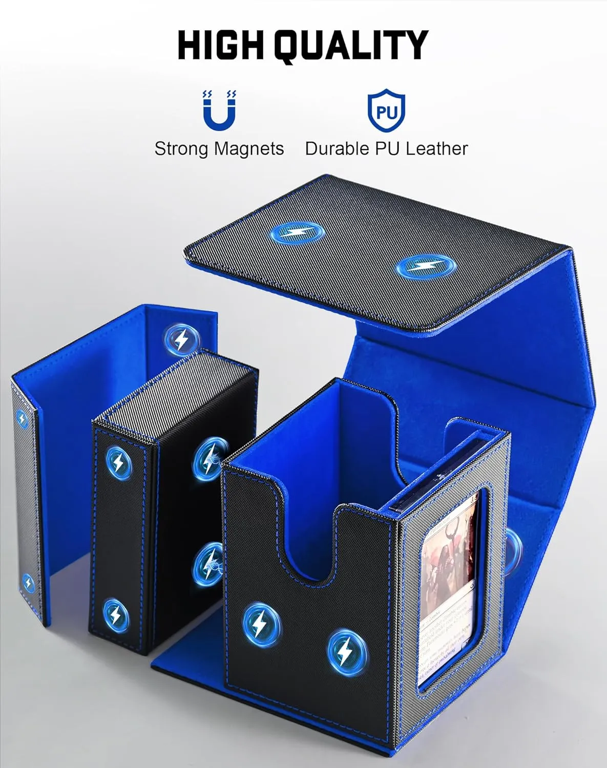 ZLCA MTG Commander Deck Box with Display Window,Deck Box Holds 100 Double-Sleeved with Dice Tray & 35pt Magnetic Card Holder（Black& Blue）