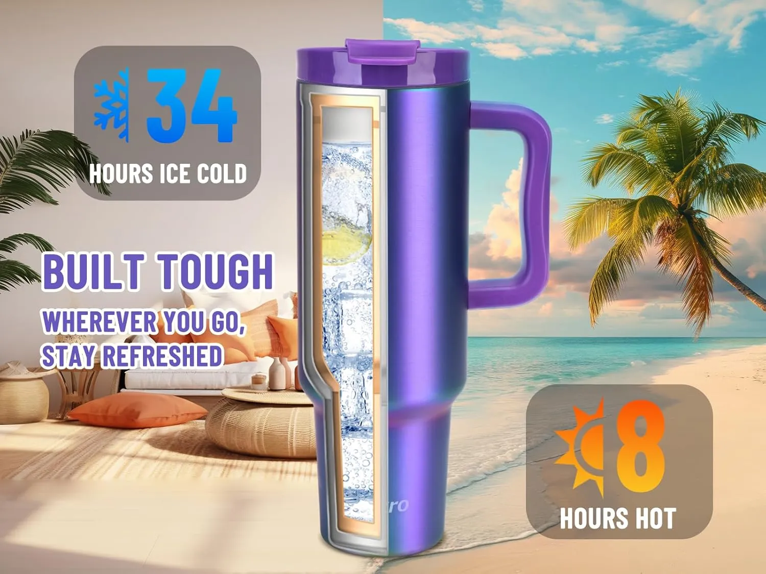 Zukro 50 oz Tumbler With Handle and Flip Straw, Leak Proof Lid, Insulated Stainless Steel Reusable Gym Water Bottle, Large Travel Cup Fit in Cupholder, BPA-Free, Gift for Women Her, Floral